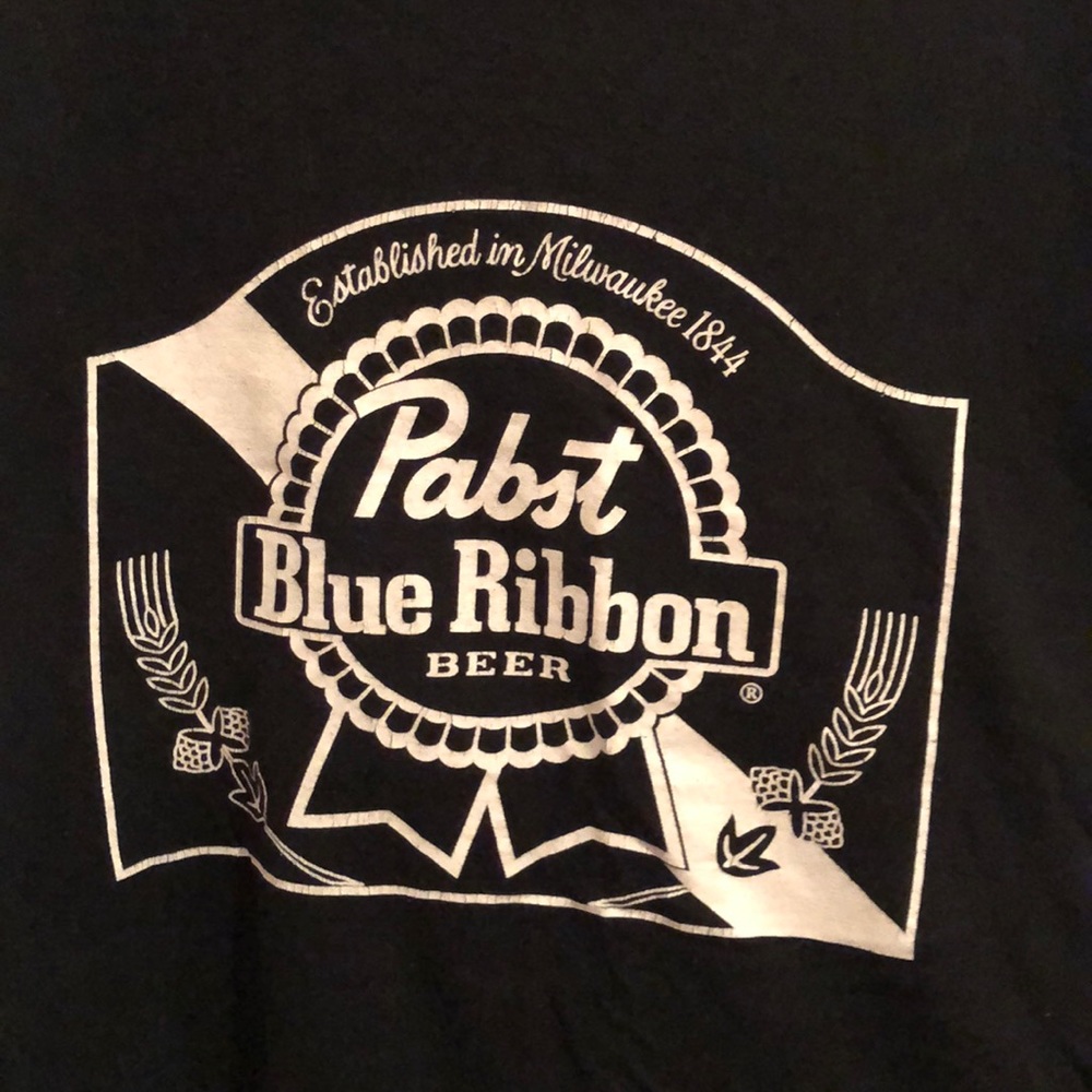 Black vintage looking soft t shirt with Pabst blue ribbon beer logo